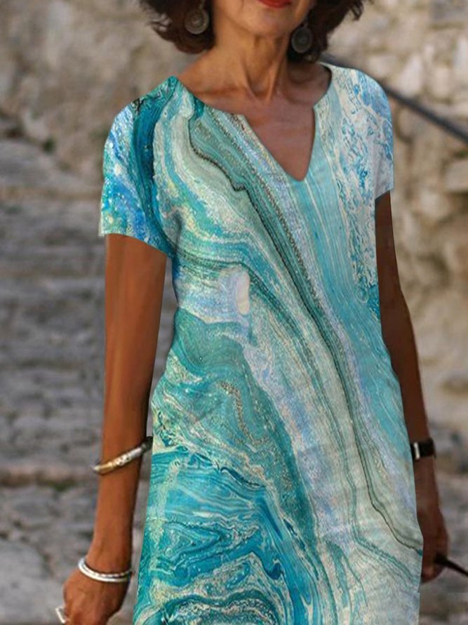 Summer Leisure Abstract Ocean Wave Gradient Color Short Sleeve Ombre/tie-Dye Shift Weaving Dress
