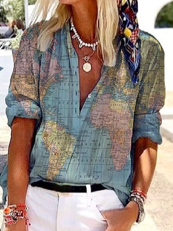 JFN V Neck World Map Casual Blouse