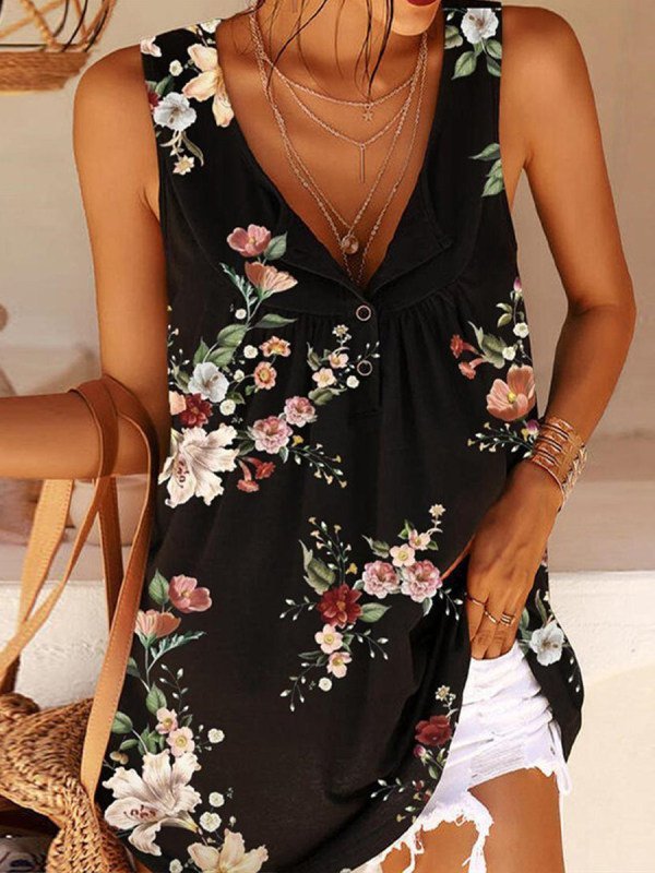 JFN V Neck Floral Casual Tank Top