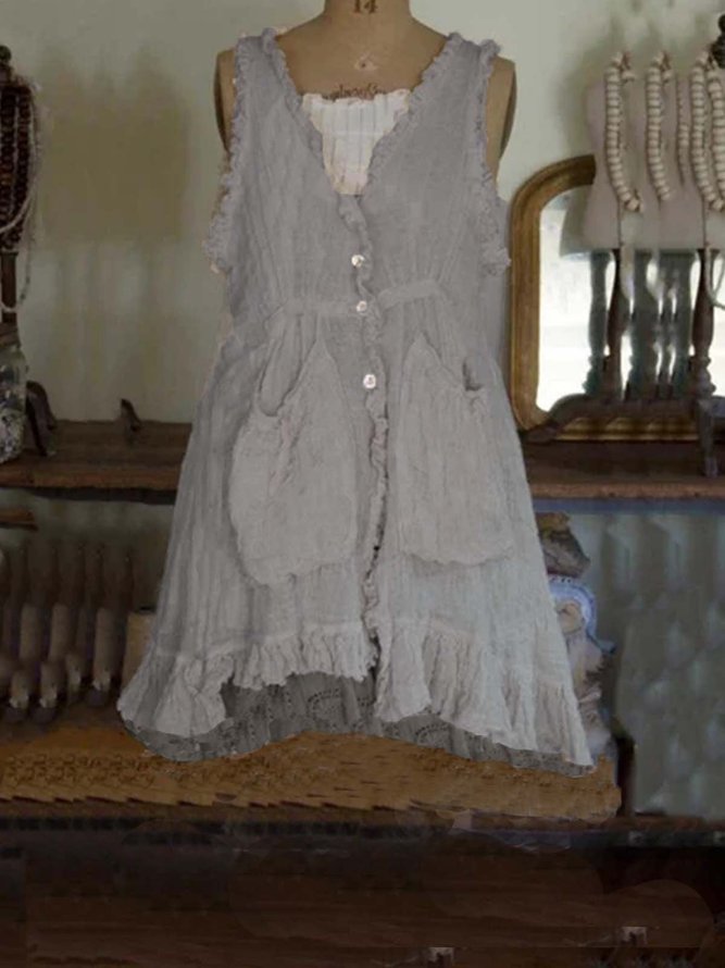 Beige Pockets Sleeveless Vintage Weaving Dress