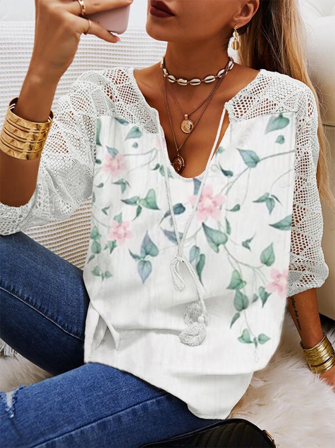 Floral Half Sleeve Printed Polyester V neck Casual Summer White Top ...