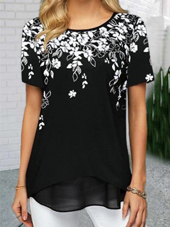 Floral  Short Sleeve  Printed  Cotton-blend  Crew Neck  Elegant  Summer  Black Top