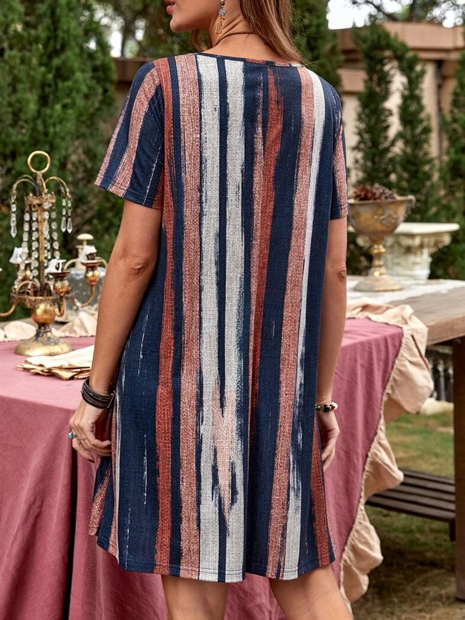 Printed Stripes V Neck Short Sleeve Weaving Dress