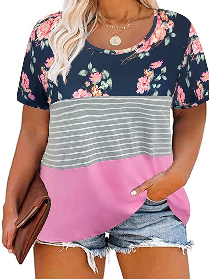 Plus Size Color Block Tops Women Floral Striped Tee Shirt L-6XL