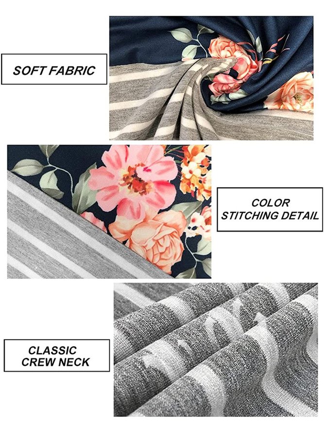 Plus Size Color Block Tops Women Floral Striped Tee Shirt L-6XL