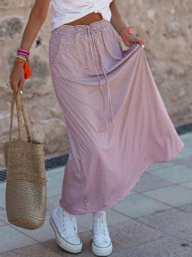 Casual Striped Elastic Waist Flared Long Skirt with Side Pockets