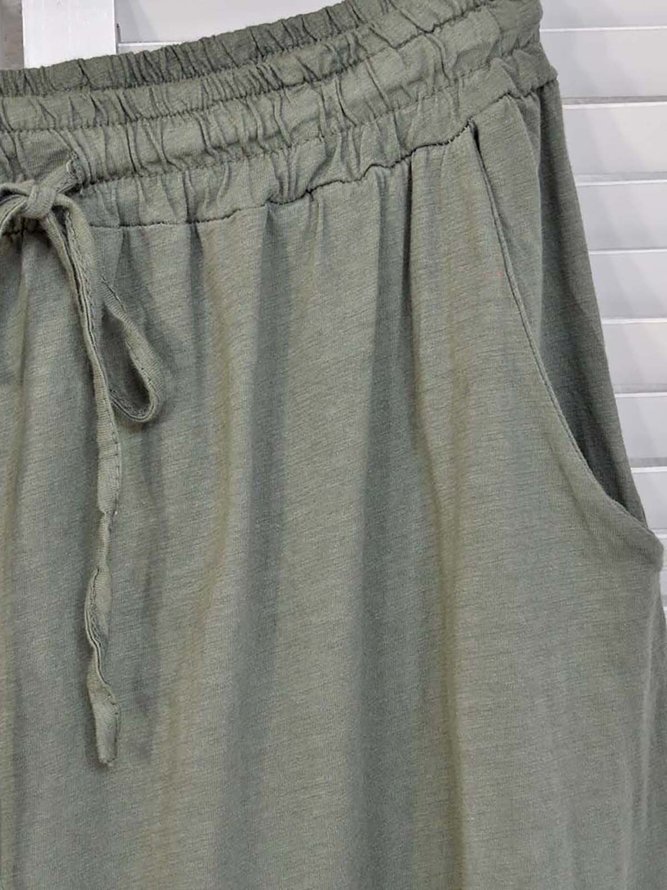 Green Solid Cotton Blend Laces Up with Elastic Waist Casual Long Skirt