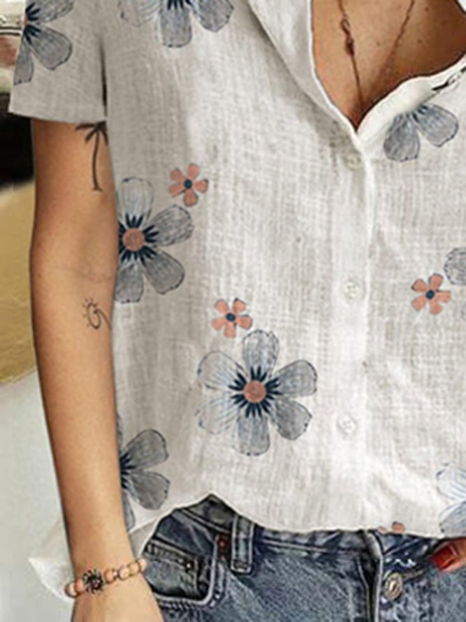 Floral Printed Shirt Collar Cotton-Blend Casual Shift Shirts & Tops