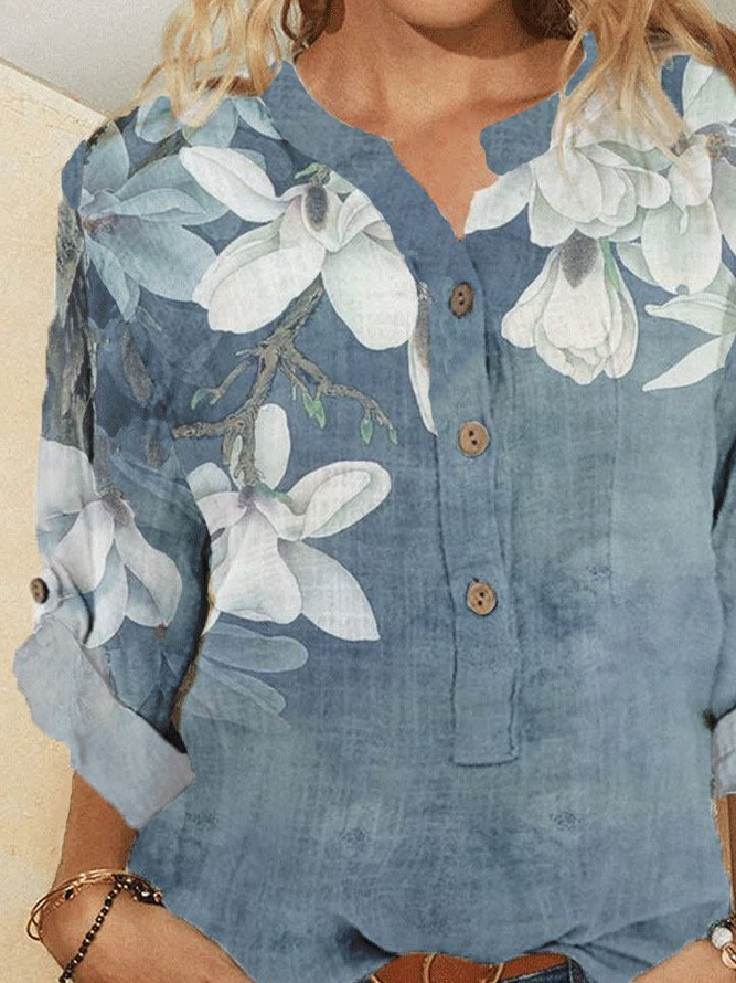 Cotton-Blend Long Sleeve Floral Shirts & Tops