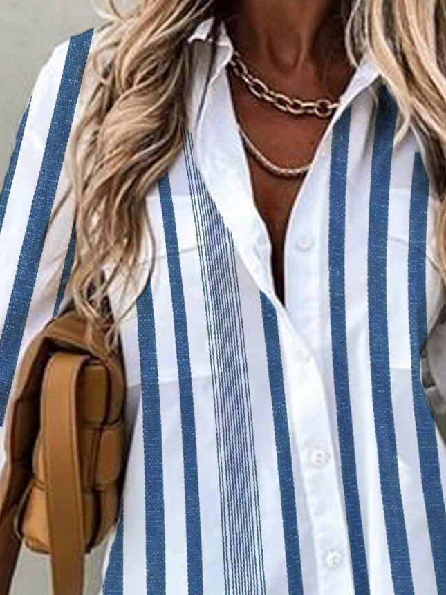 Shirt Collar Stripes Cotton-Blend Long Sleeve Shirts & Tops