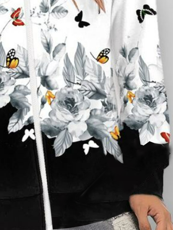 Plant flower butterfly printed long sleeve hooded zipper sweater