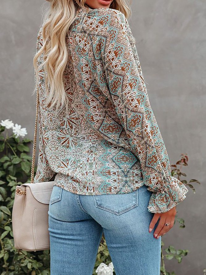 Holiday Daily Floral Printed Long Sleeve V-neck Blouse
