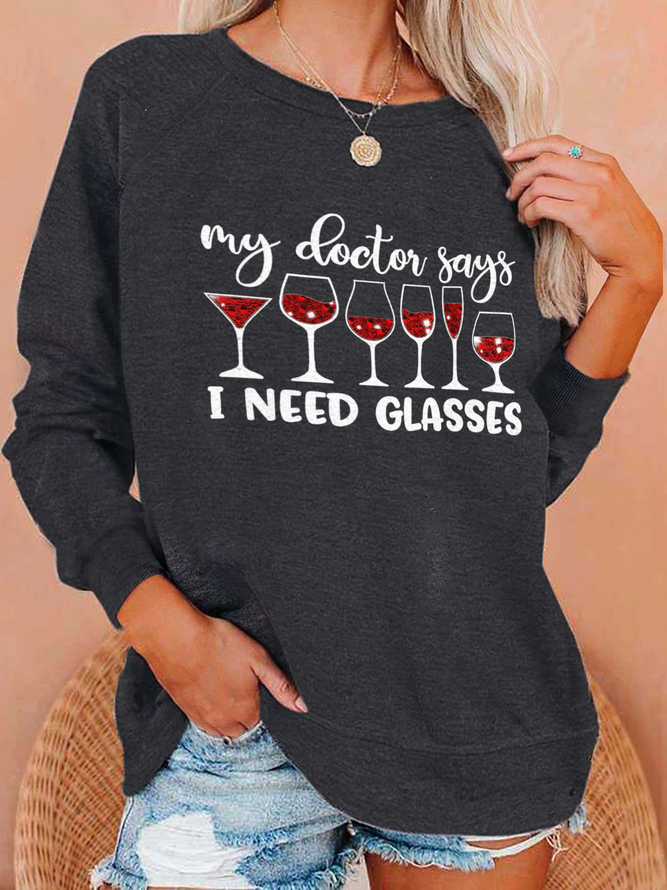 Women's Christmas I NEED GLASSES Letter Crew Neck Sweatshirt