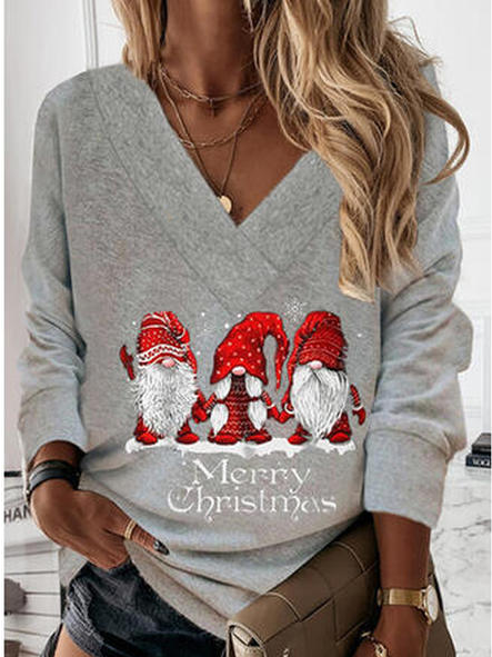 Christmas V Neck Cotton Blends Loosen Sweatshirts
