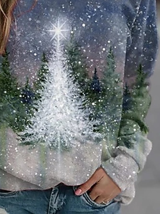 Christmas Tree Casual Loosen Cotton Blends Sweatshirt