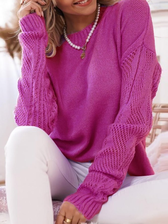Romantic Holiday Casual Solid Long Sleeve Round Neck Loose Purple Sweater