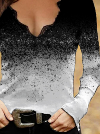 Ombre Pattern Cotton Blends Casual Lace V Neck T-shirt