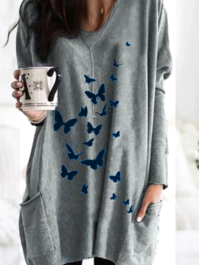 Casual Loosen Butterfly V Neck Top Butterfly pattern mid-length dress