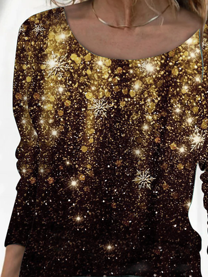 New long sleeve round neck geometric gradient glittering Christmas print top T-shirt women