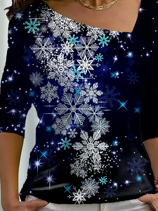 Christmas Snowflake Cotton Blends Casual V Neck T-shirt