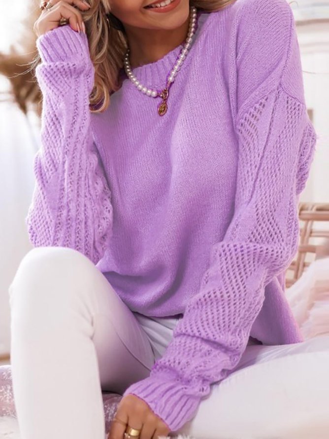 Romantic Holiday Casual Solid Long Sleeve Round Neck Loose Purple Sweater