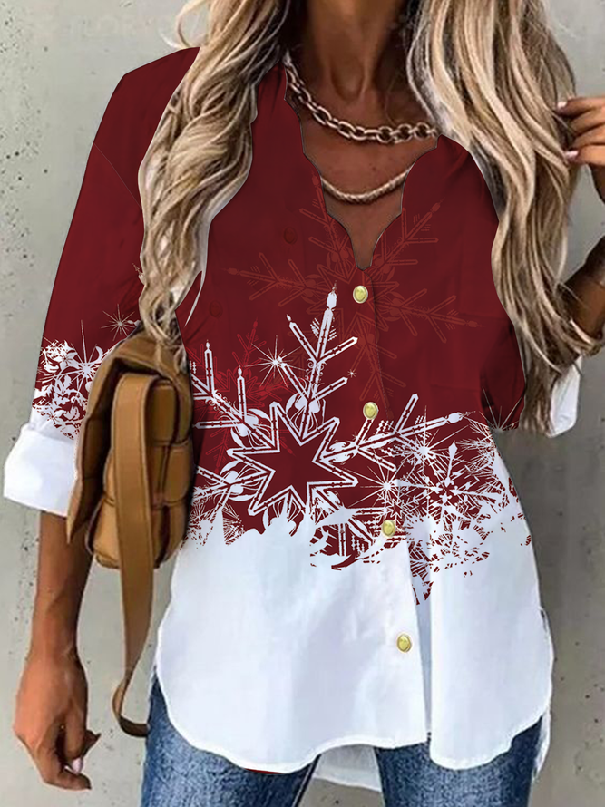 Long sleeve V-neck petal collar geometric gradient Snowflake Christmas shirt women's shirt