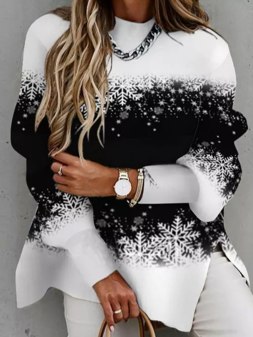 Women's Black Sweatshirt Christmas Snowflake Printed 