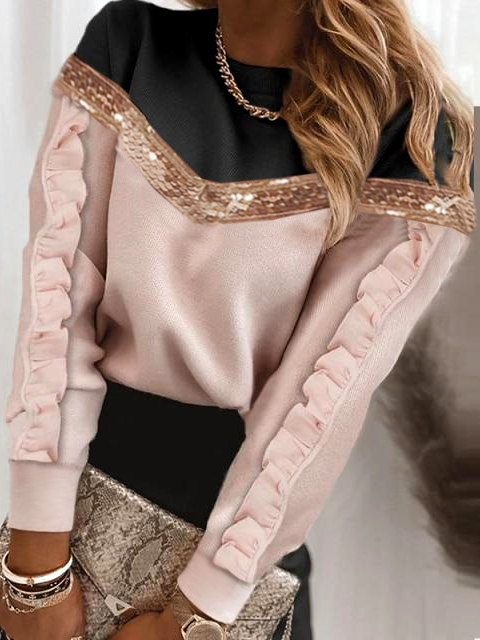 Off Shoulder Color Block Casual Sweatshirts Contrasting color sweet bright gold ribbon ruffled sleeve sweater