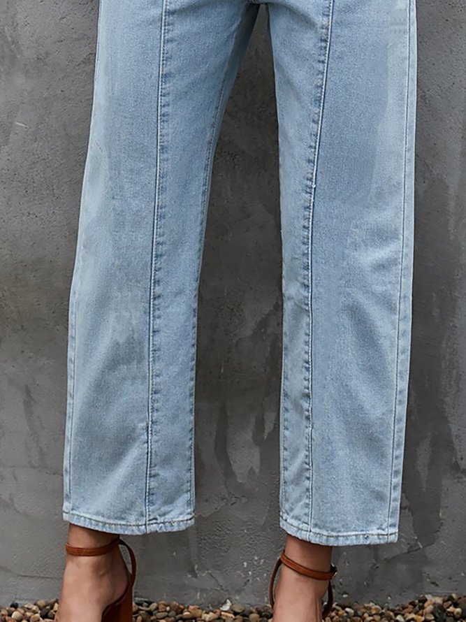Blue Solid Casual Elastic Waist Straight Leg Jeans