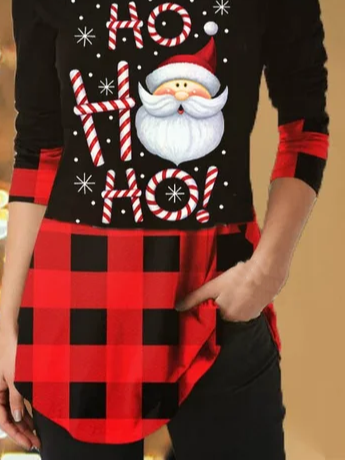 Women's Red Long Sleeve Tunic Tops Christmas Santa Claus Printed