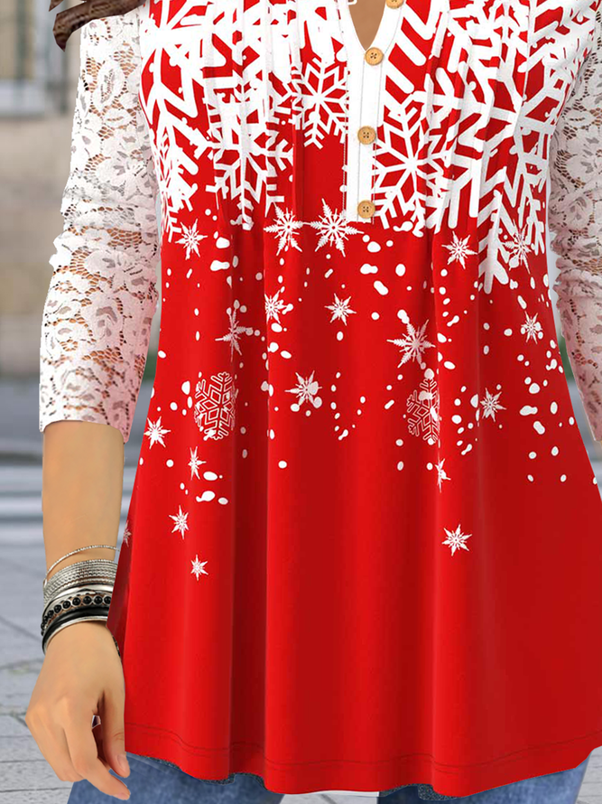 Long sleeve V-neck geometric snowflake gradient stitched lace loose top Plus Size