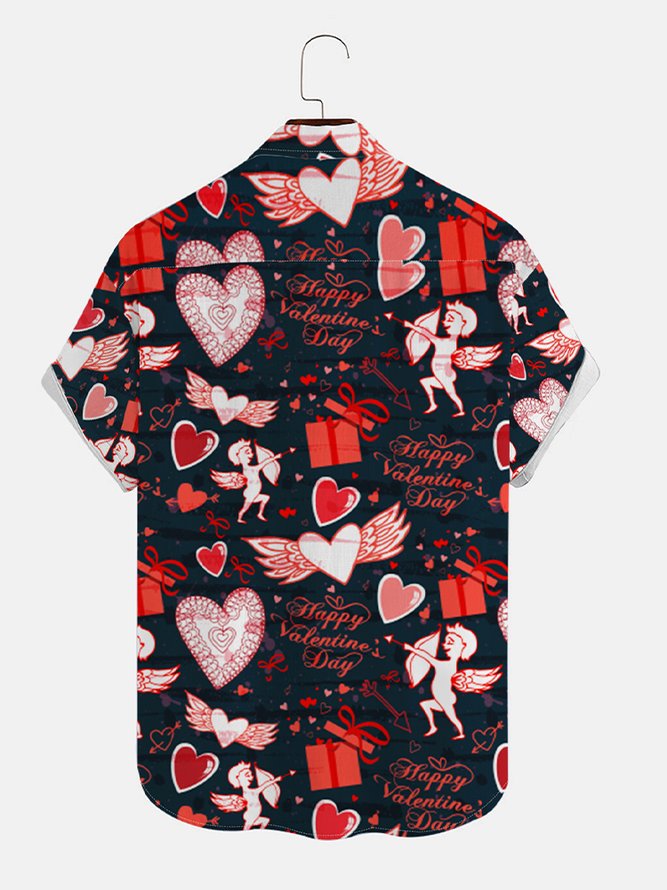 Mens St Valentine Cupid Print Casual Breathable Loose Short Sleeve Hawaiian Shirts