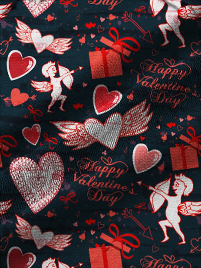 Mens St Valentine Cupid Print Casual Breathable Loose Short Sleeve Hawaiian Shirts