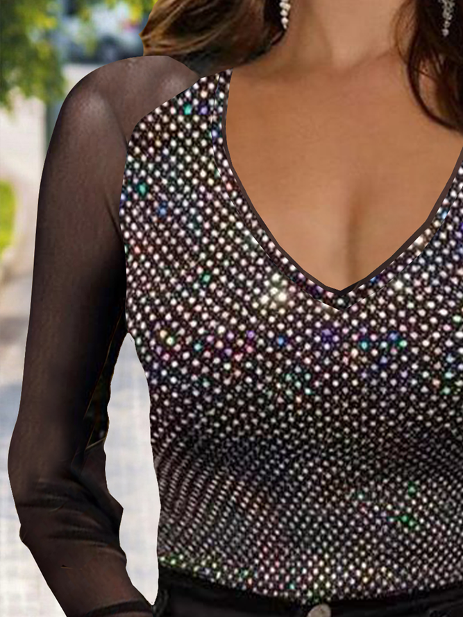 Long sleeve V-neck high elastic mesh panel Sequin fabric fit party sexy top T-shirt Plus Size