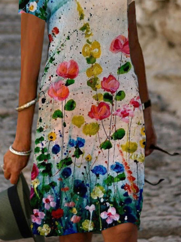Vacation Floral Cotton Blends Weaving Dress