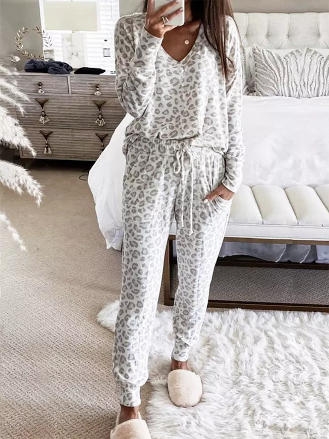 Leopard Print V neck Long Sleeve Blouse & Drawstring Pants Pajamas Set