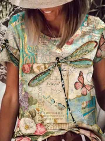 Butterfly Cotton Blends Crew Neck Floral Casual T-shirt