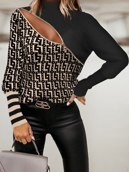 Classic checkered pattern contrast stitching front chest gold zipper closure decoration Sexy Loosen Shirts & Tops