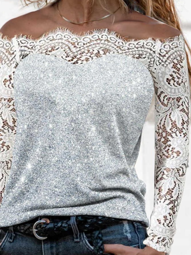 Fashion Lace Stitching Casual Long Sleeve Top T-Shirt
