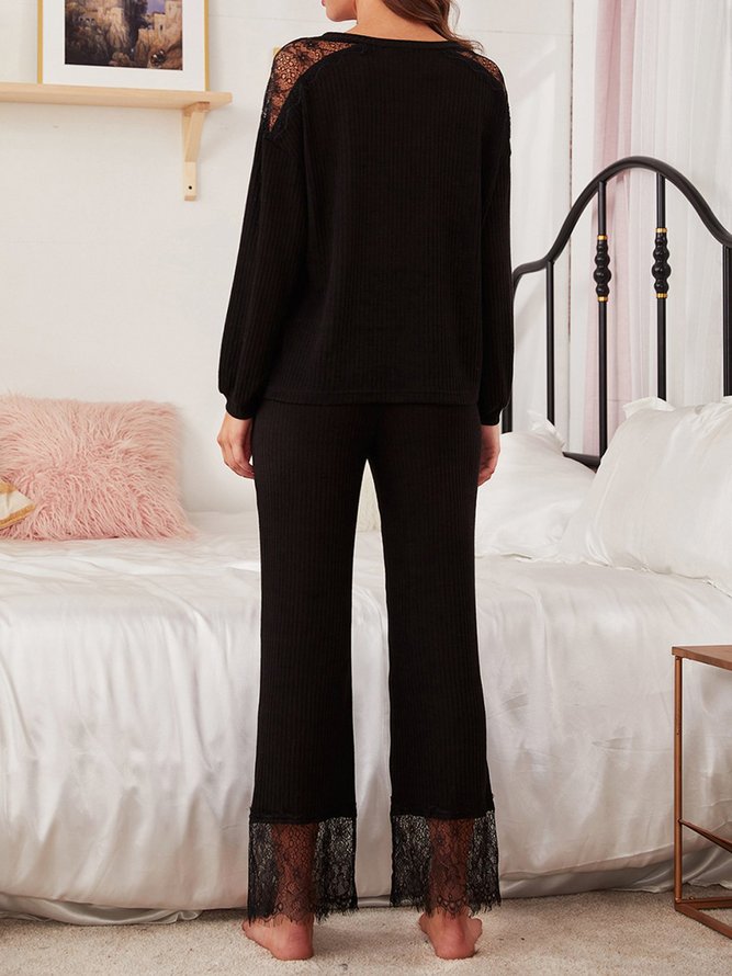 Casual Black Lace V-neck Long Sleeve Tops & Pant Sets