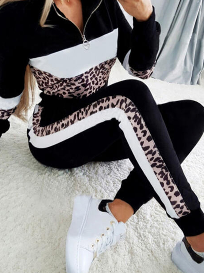 Loosen Elegant Stand Collar Leopard Casual Two Piece Sets
