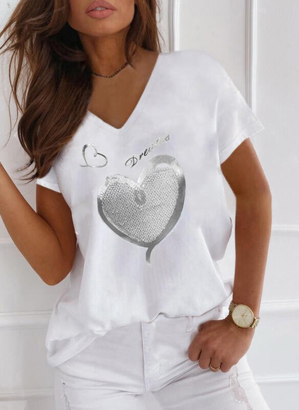 Heart Print Letter V-Neck Short Sleeves T-shirts