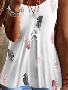 Casual Feather Print Cotton Blends Sleeveless Tanks & Camis
