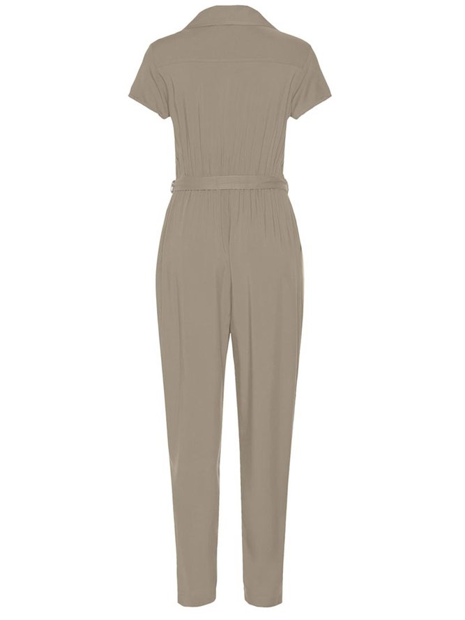Solid Casual Short Sleeve Shirt Collar Jumpsuit & Romper Rompers
