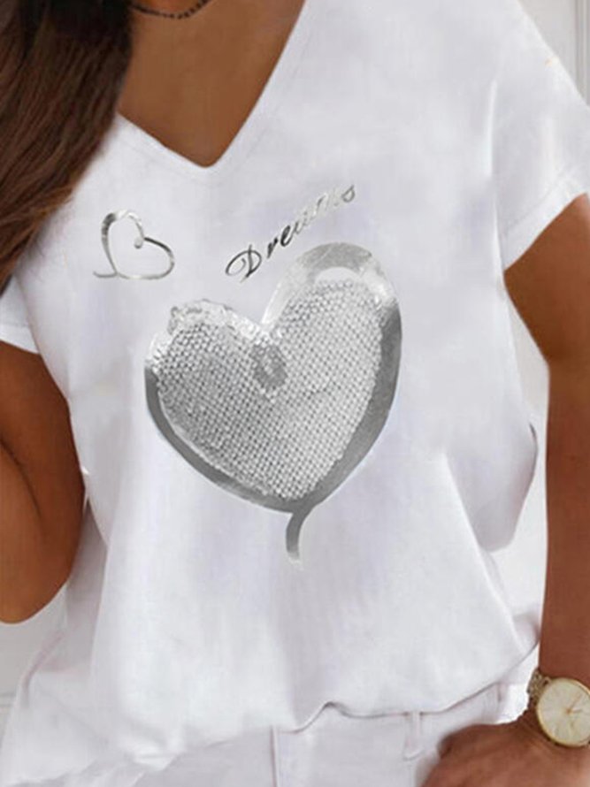 Heart Print Letter V-Neck Short Sleeves T-shirts