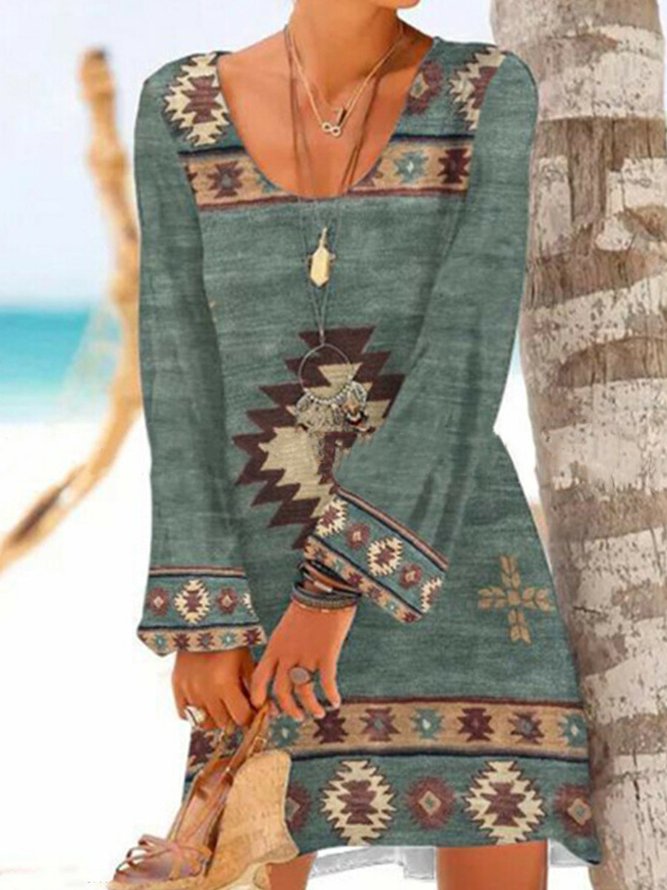 Tribal Cotton Blends Loosen Casual Long sleeve Knit Dress