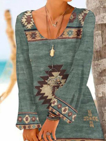Tribal Cotton Blends Loosen Casual Long sleeve Knit Dress