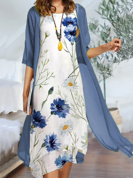 Casual Vacation Floral Regular Fit Cotton Blends Sleeveless Maxi Dress Suits
