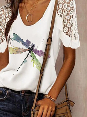 JFN Round Neck Dragonfly Illusion Sleeves Vacation T-Shirt/Tee 