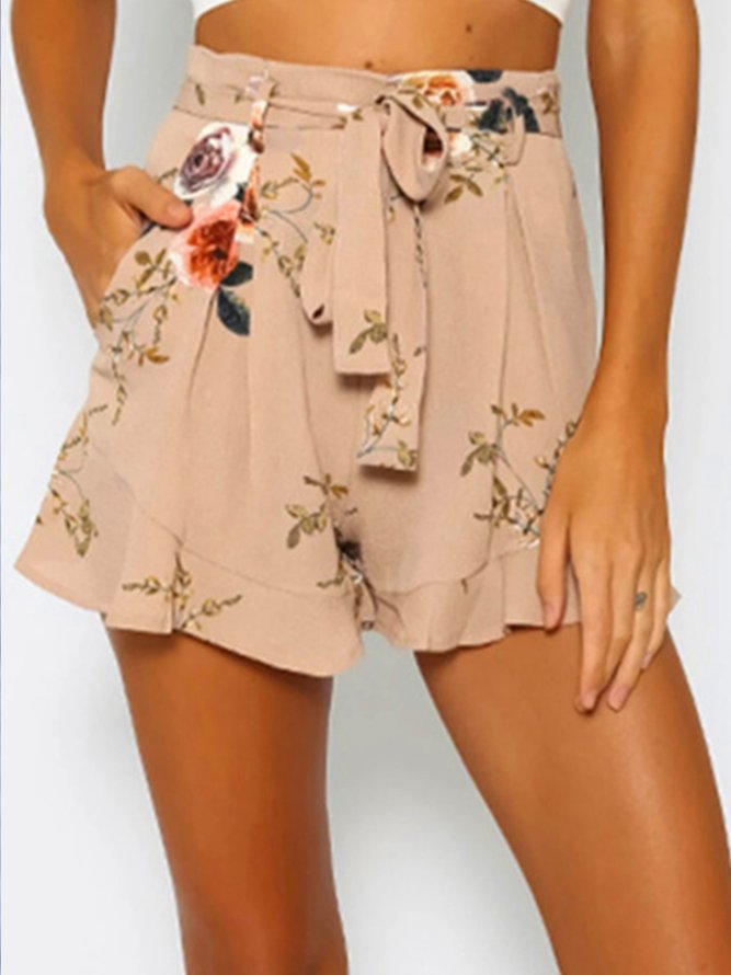 Floral Print Waistband Ruffle Pocket Casual Shorts for Women